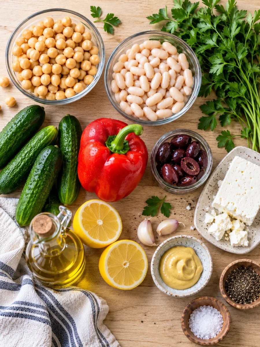 An overhead view of chickpeas, navy beans, cucumbers, bell pepper, feta, olives, and dressing ingredients on a wooden surface.