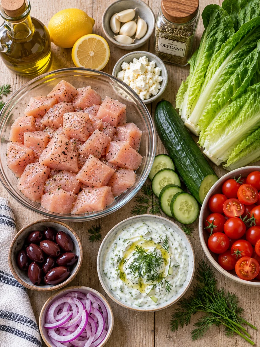 Overhead view of raw ingredients for Greek chicken bowls including chicken, olive oil, lemon, garlic, herbs, and fresh vegetables.