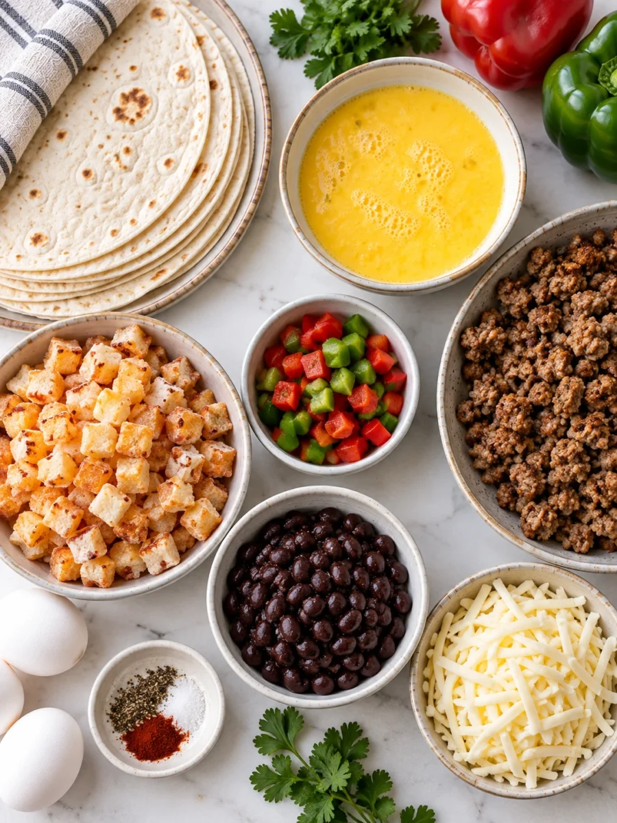 Meal Prep :Flat-lay overhead view of tortillas, whisked eggs, beef sausage, hash browns, peppers, and cheese in small bowls.