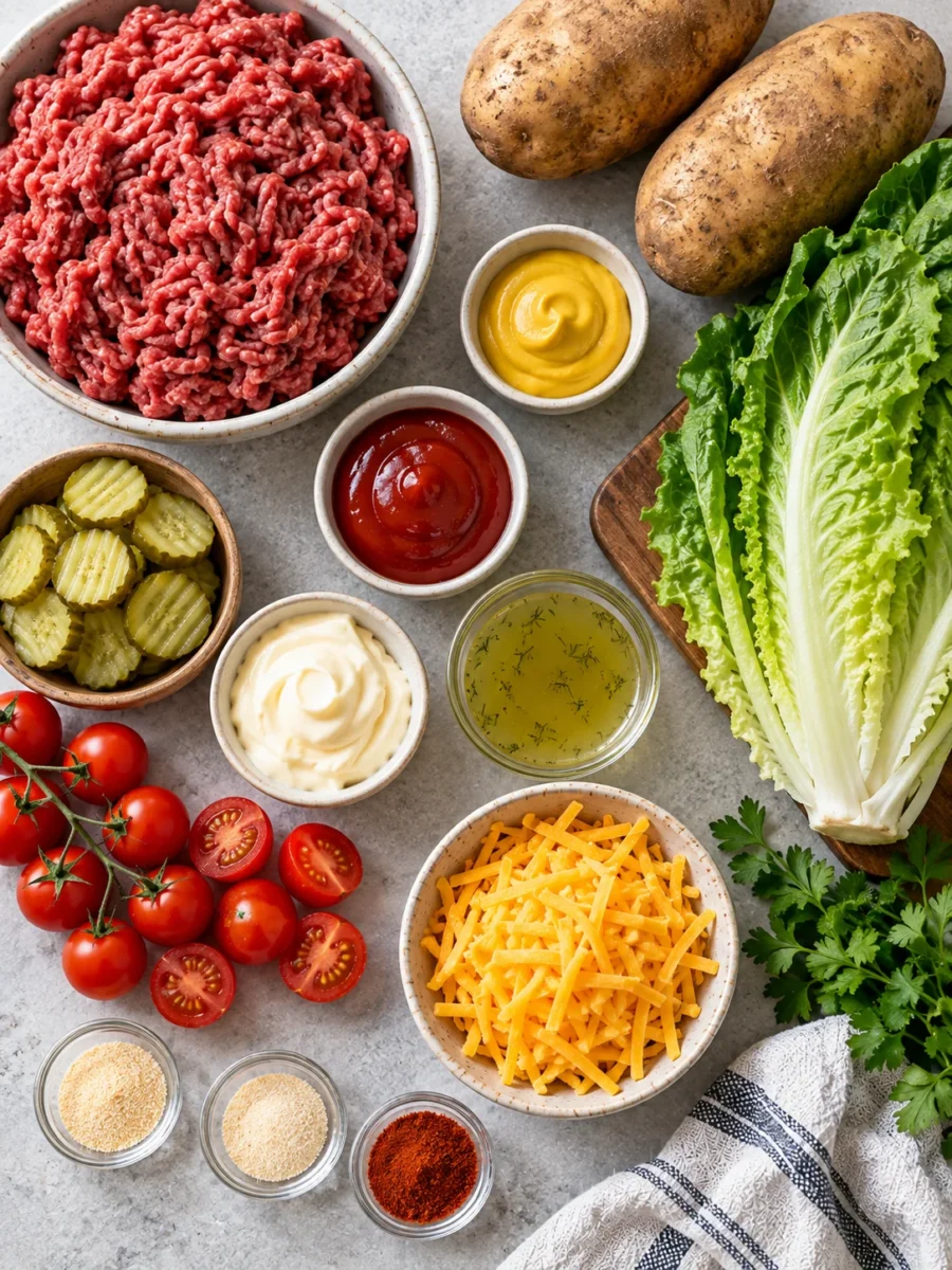 A top-down view of raw ingredients for burger bowls including beef, potatoes, lettuce, cheese, and sauce components.