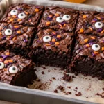 Freshly baked Halloween brownies with candy eyeballs and sprinkles