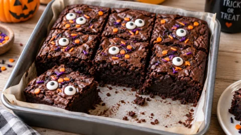 Freshly baked Halloween brownies with candy eyeballs and sprinkles