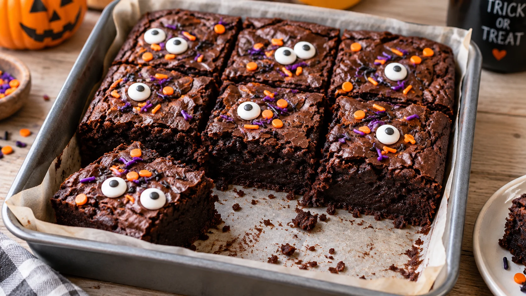 Freshly baked Halloween brownies with candy eyeballs and sprinkles