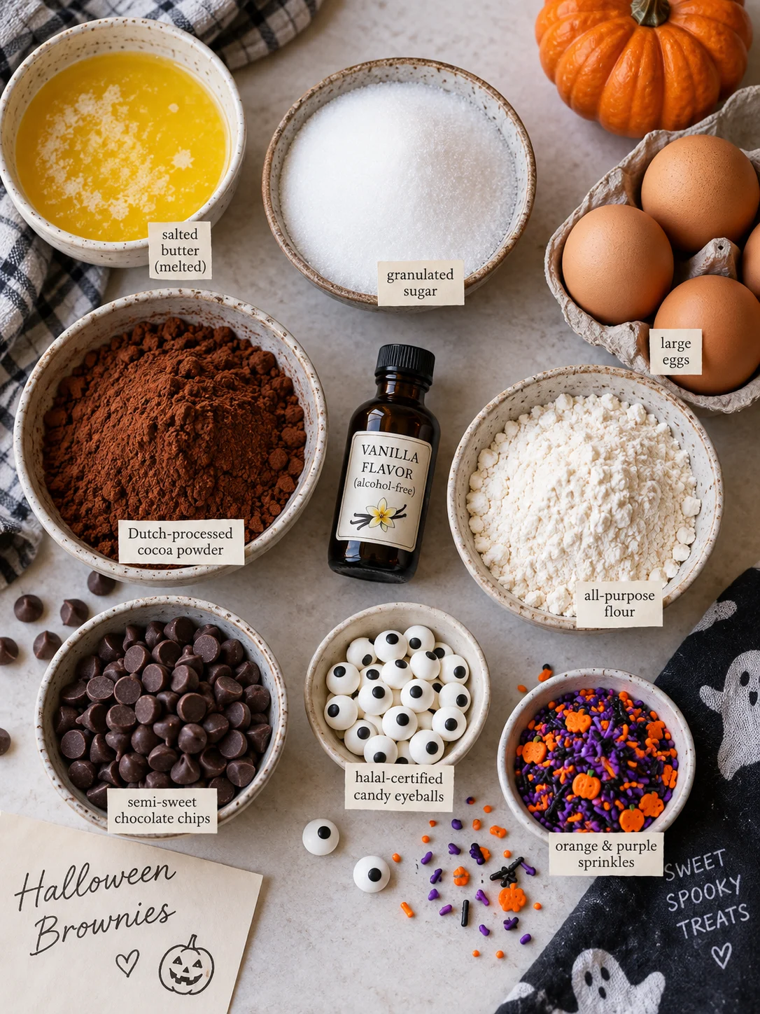 Ingredients for Halloween brownies, including chocolate chips and candy eyeballs