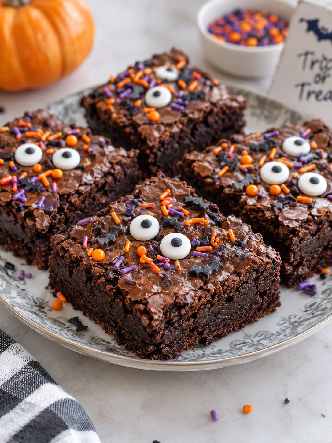 Serving of Halloween brownies, cut into large squares and topped with candy eyeballs
