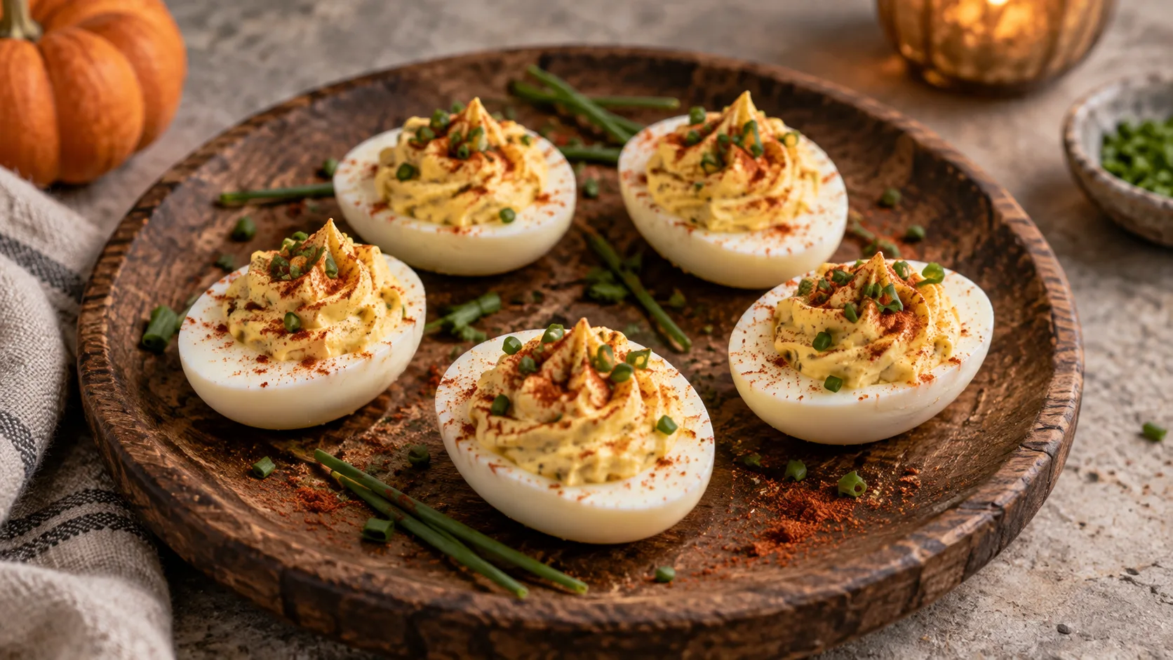 A platter of deviled eggs with a creamy yolk mixture and garnished with paprika and chives