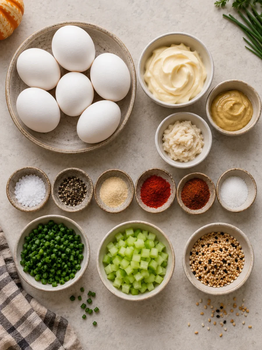 Halloween Deviled Eggs A flat-lay of ingredients for deviled eggs, including eggs, mayonnaise, and spices