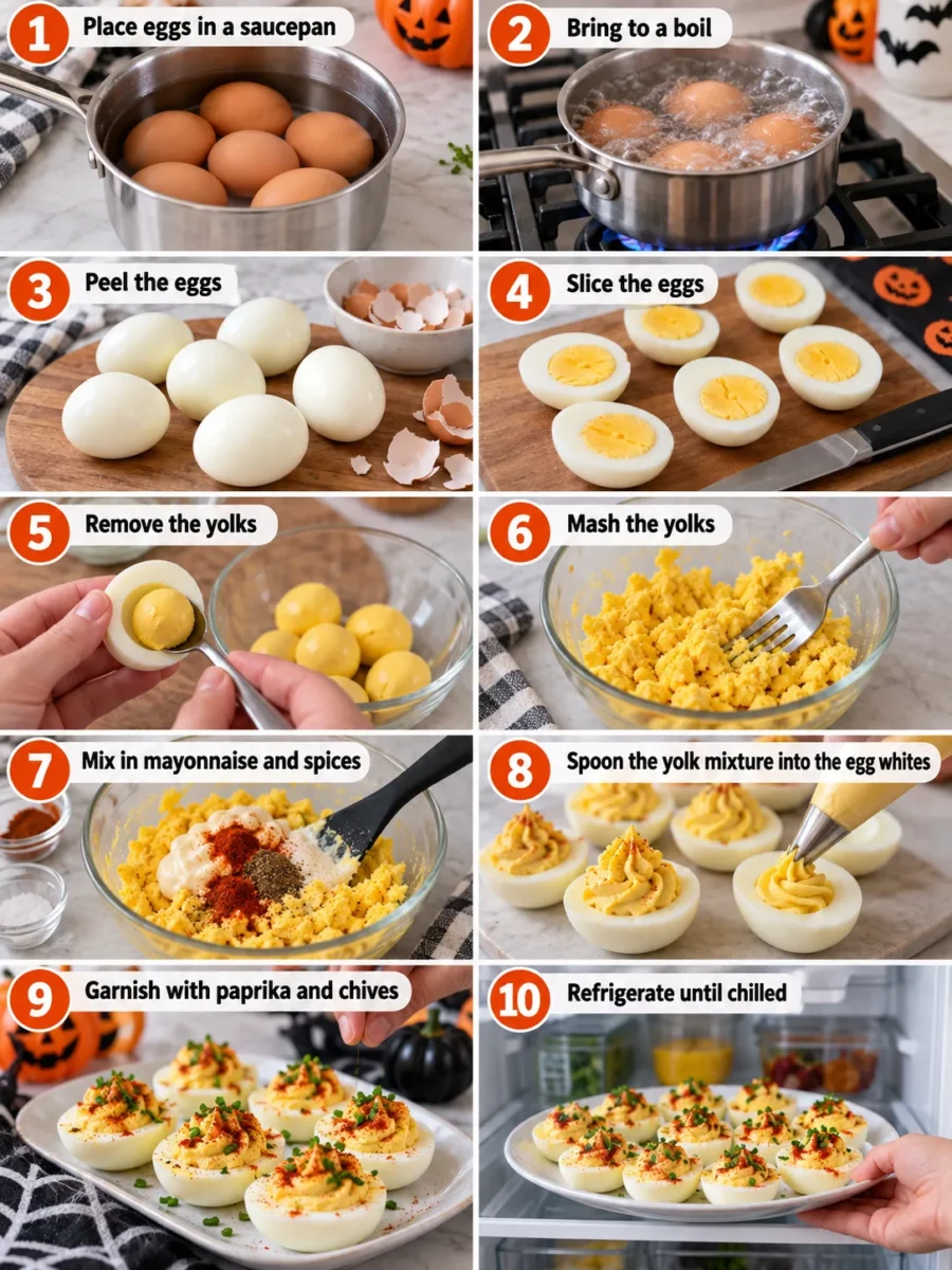 Halloween Deviled Eggs A step-by-step guide to making deviled eggs, with 10 easy-to-follow steps