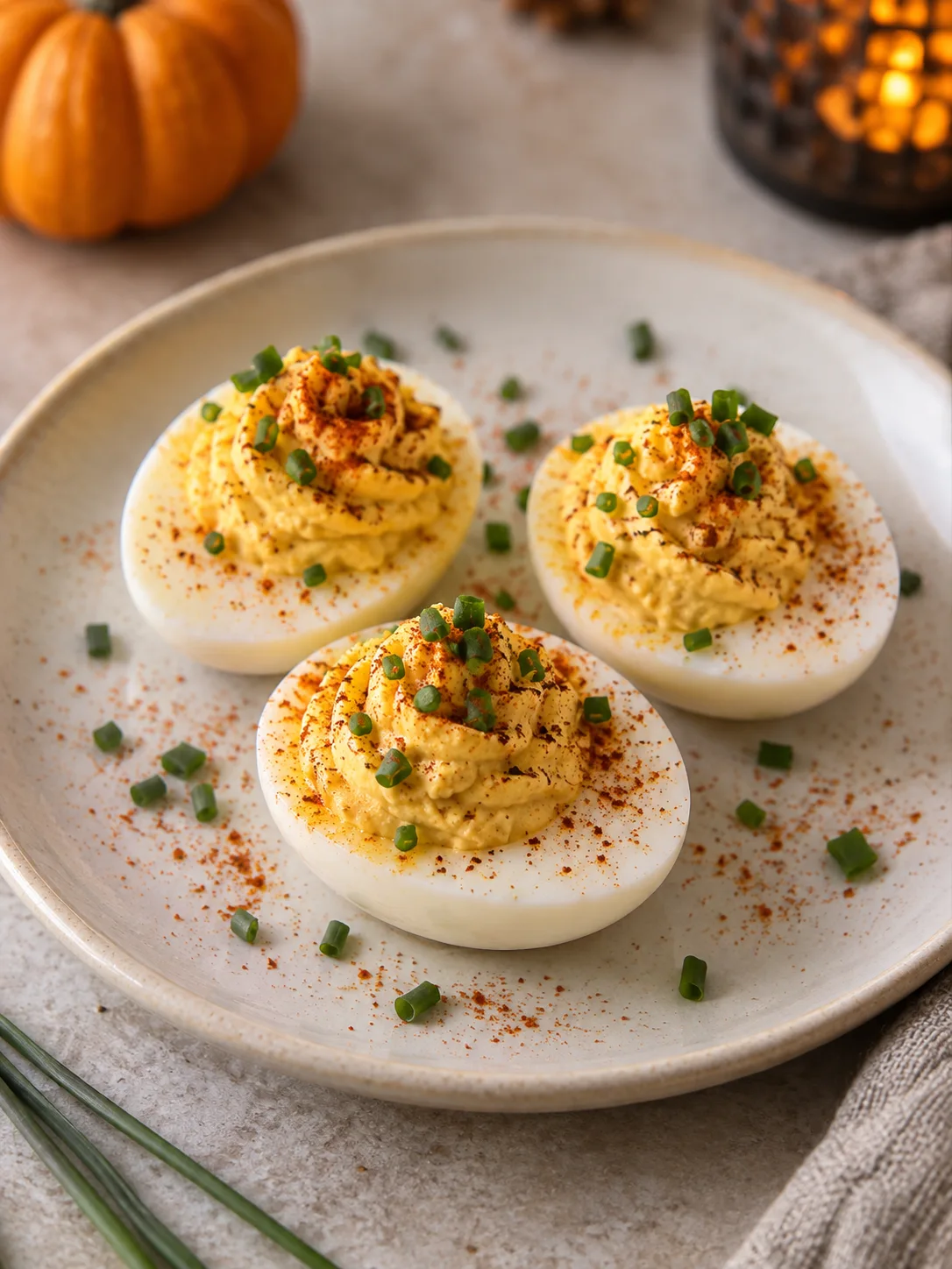 A serving of deviled eggs on a plate, garnished with paprika and chives
