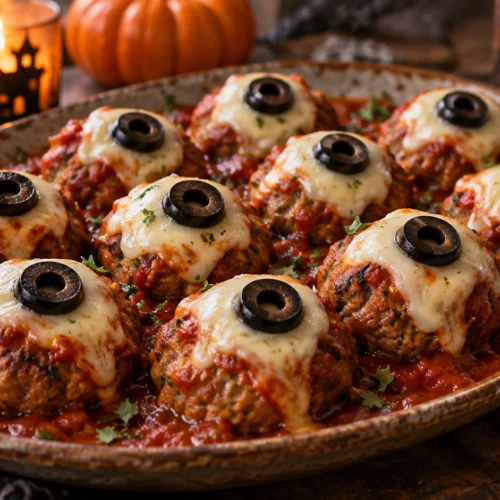 Platter of Halloween meatballs with marinara sauce, mozzarella cheese, and black olives