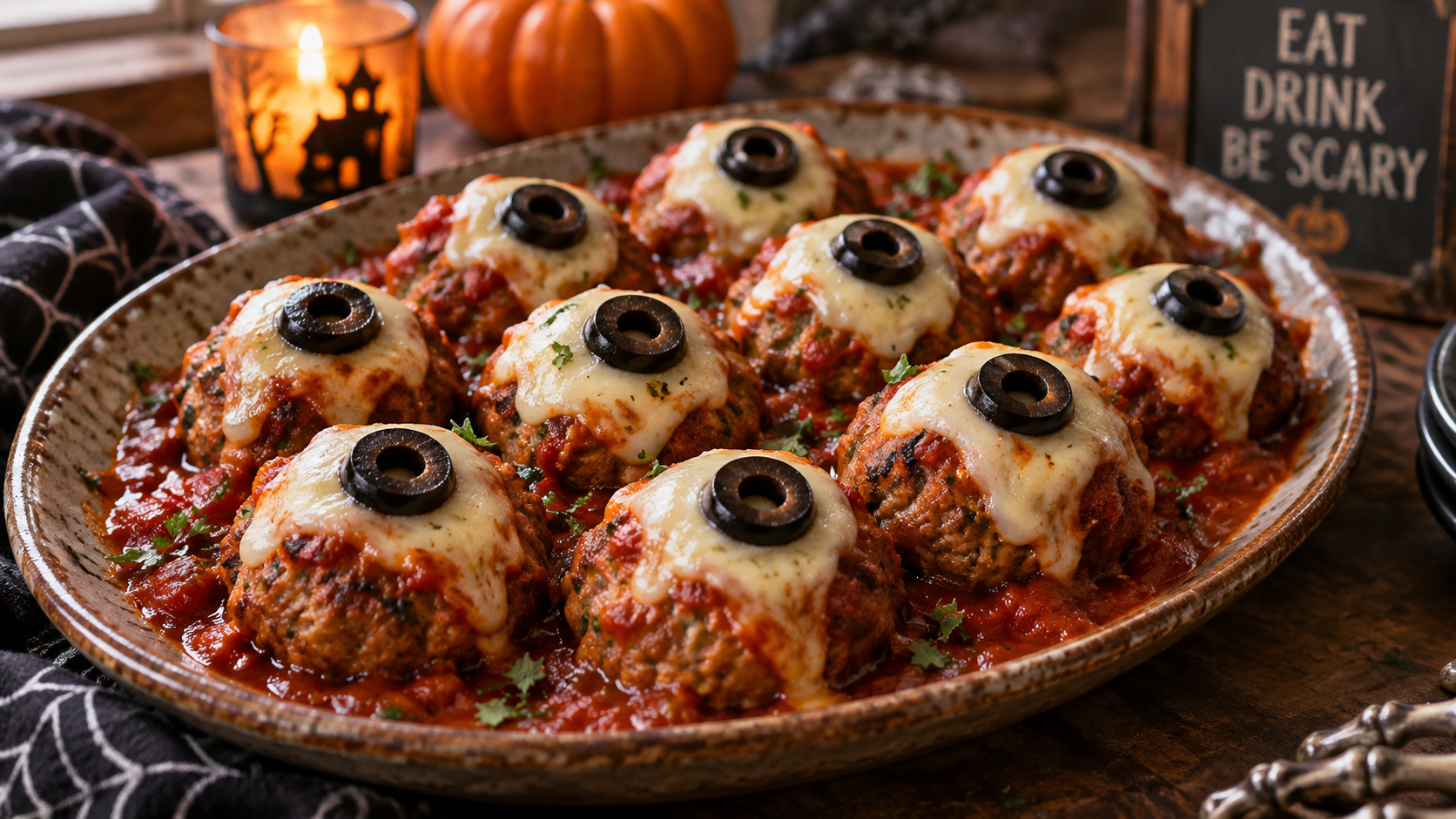Platter of Halloween meatballs with marinara sauce, mozzarella cheese, and black olives
