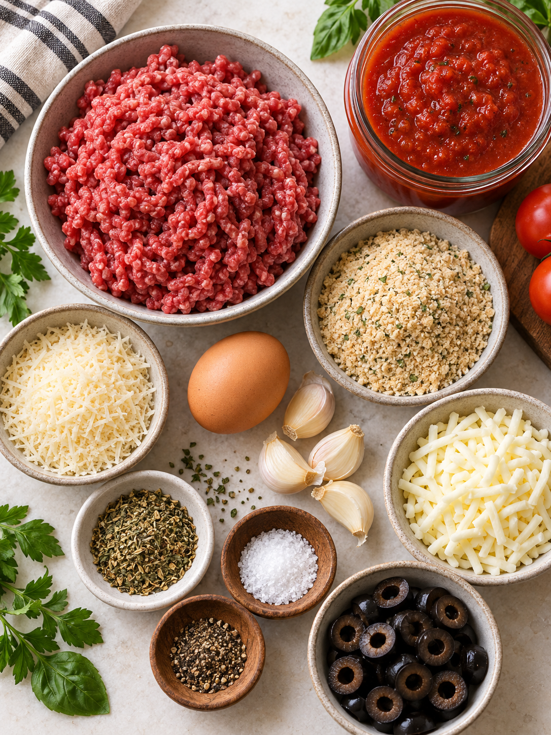 Flat-lay of ingredients for Halloween meatballs, including ground beef, Italian breadcrumbs, and Parmesan cheese