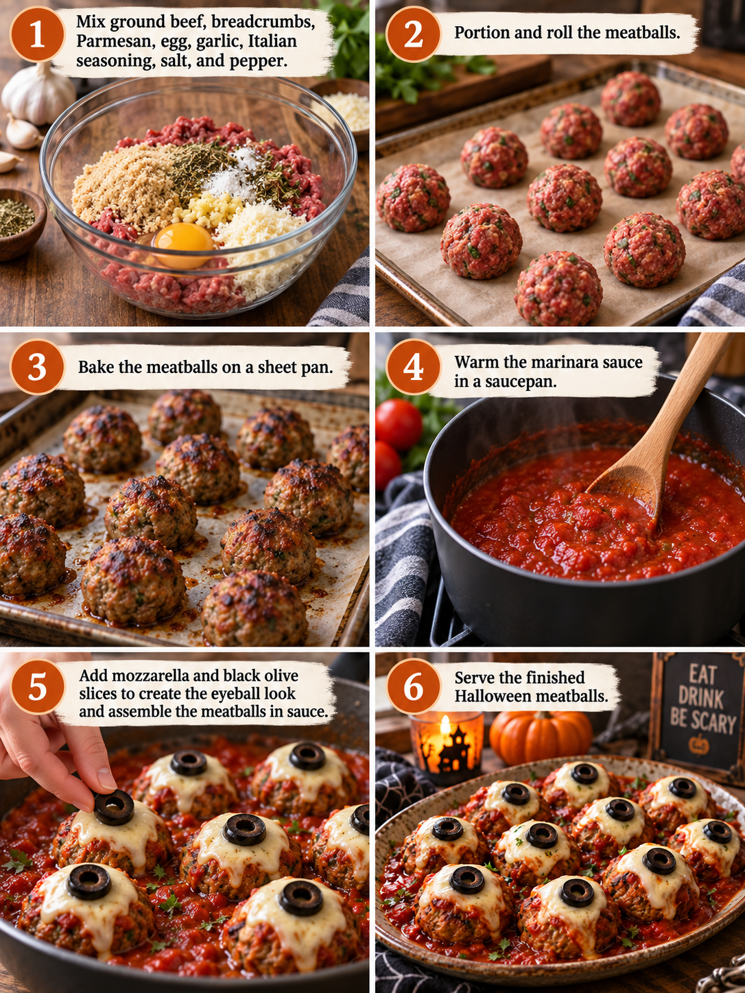 Step-by-step instructions for making Halloween meatballs, including mixing and baking