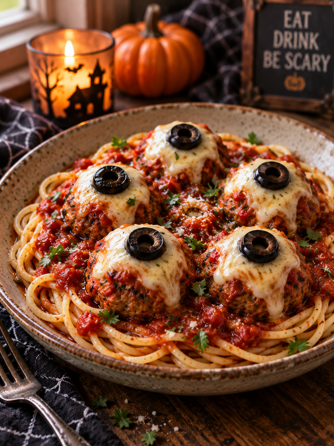 Serving of Halloween meatballs on a platter, with marinara sauce and melted mozzarella cheese