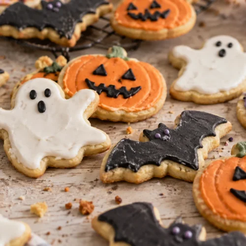 A batch of freshly baked Halloween sugar cookies in various spooky shapes