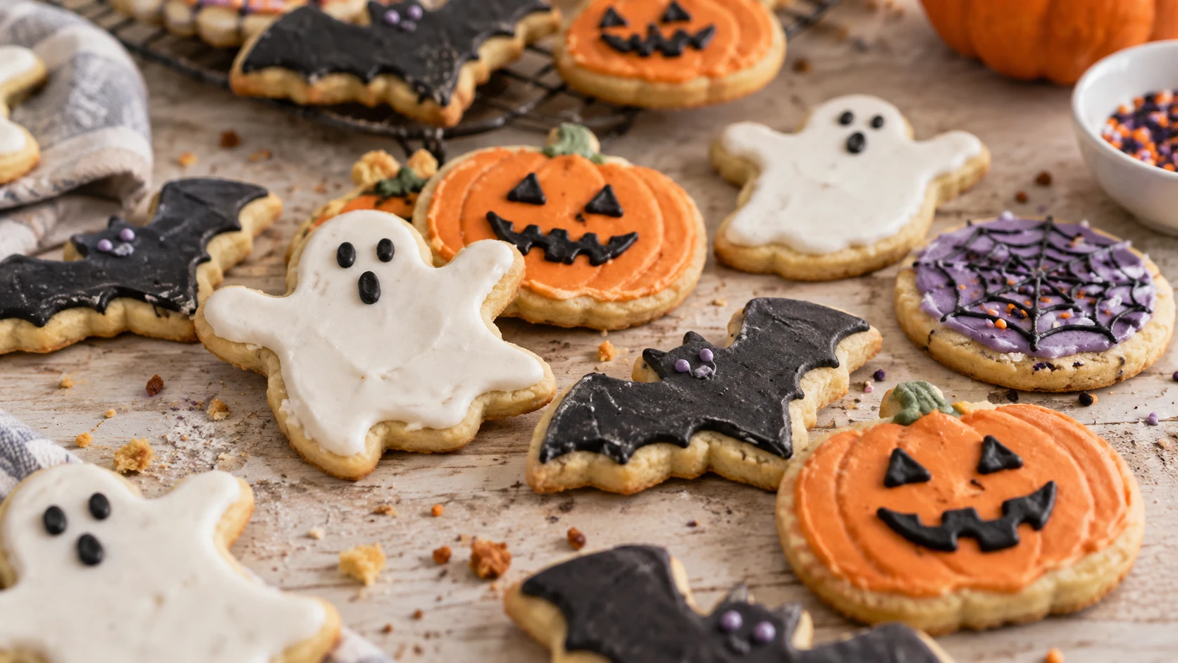A batch of freshly baked Halloween sugar cookies in various spooky shapes
