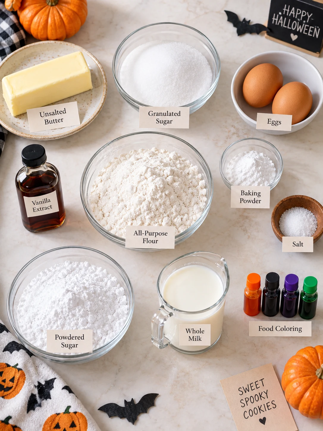 A flat-lay of ingredients for Halloween sugar cookies