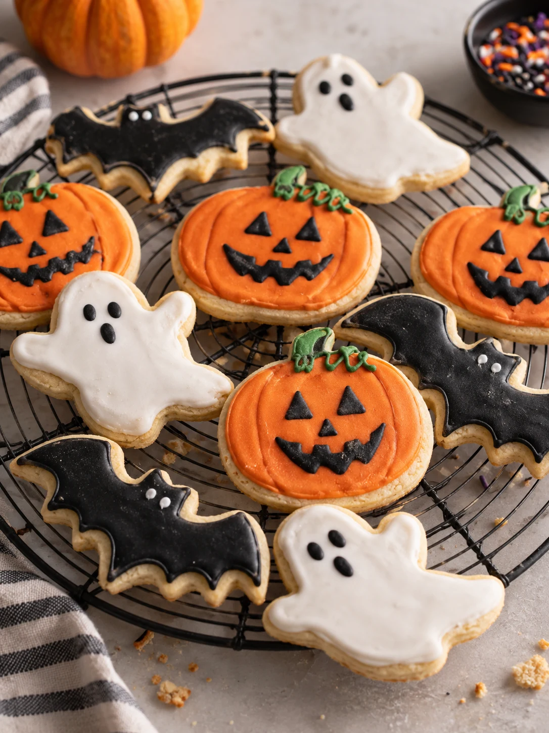 A batch of decorated Halloween sugar cookies on a wire rack