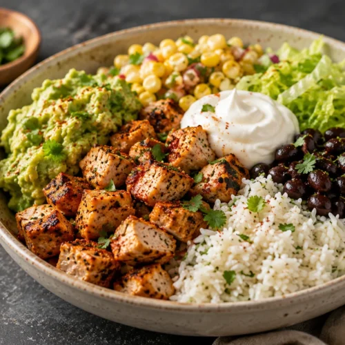 A vibrant chicken burrito bowl filled with spiced chicken, rice, black beans, corn salsa, and guacamole in a grey ceramic bowl.