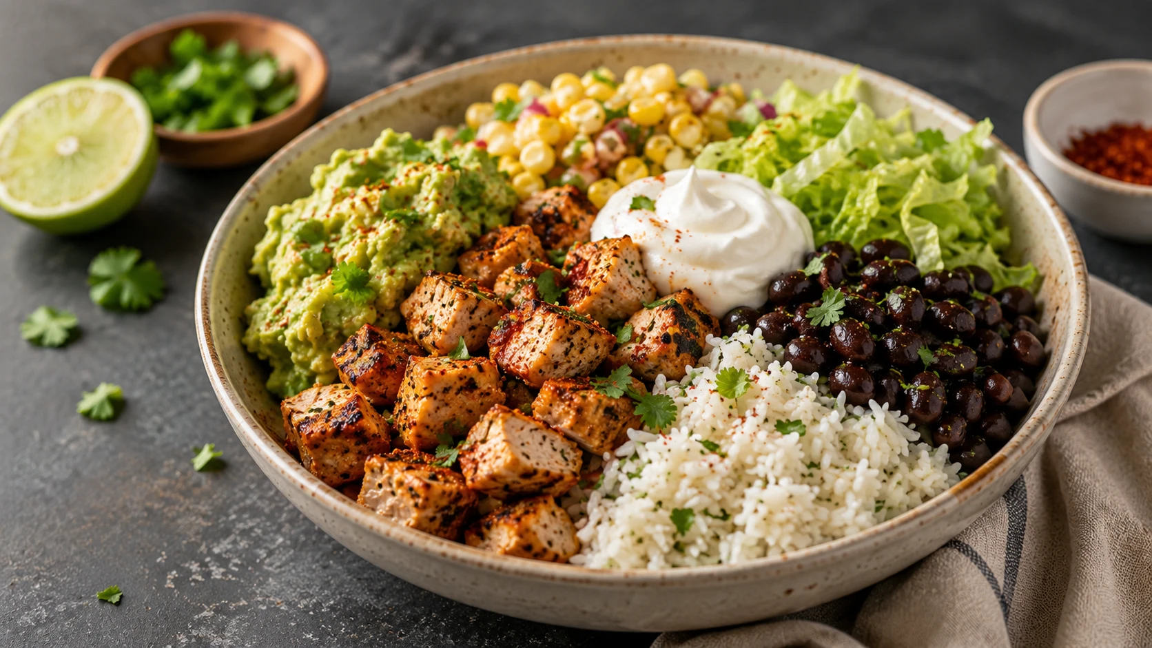 A vibrant chicken burrito bowl filled with spiced chicken, rice, black beans, corn salsa, and guacamole in a grey ceramic bowl.