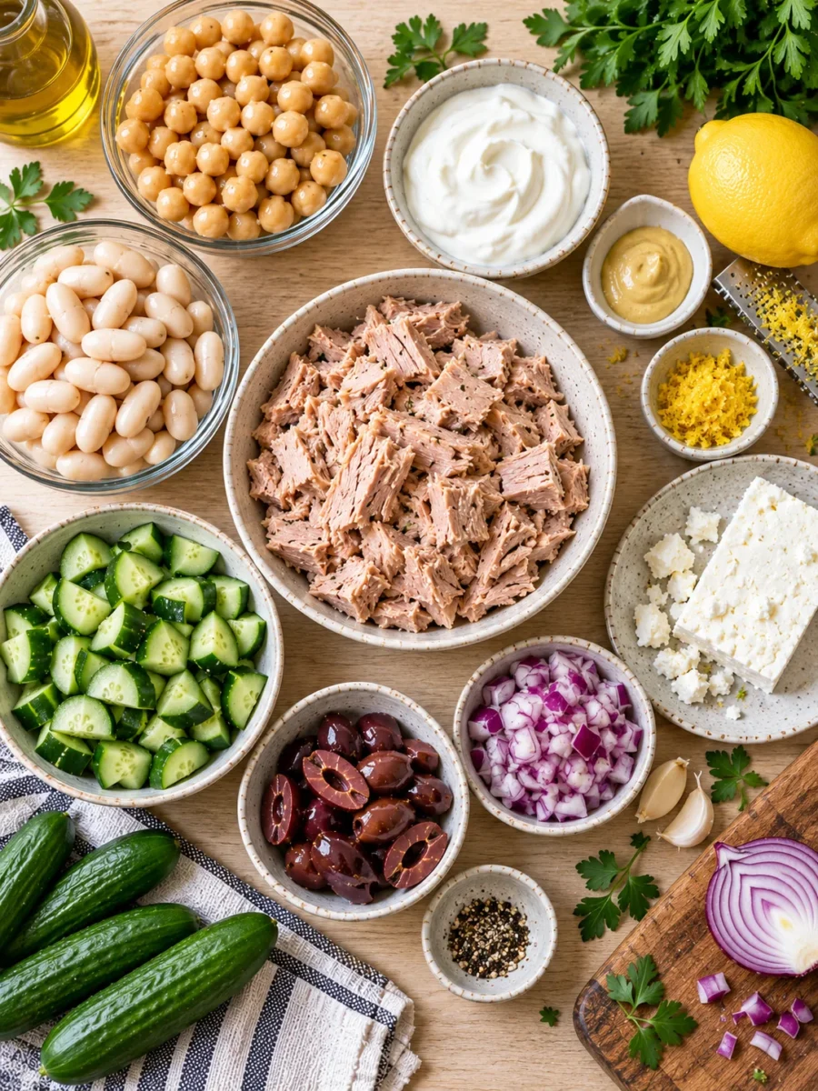An overhead view of tuna, Greek yogurt, chickpeas, cannellini beans, lemons, and fresh vegetables arranged on a wooden table.