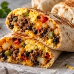 A close-up cross-section of a breakfast burrito showing scrambled eggs, beef sausage, black beans, and melted cheese on a stone countertop.