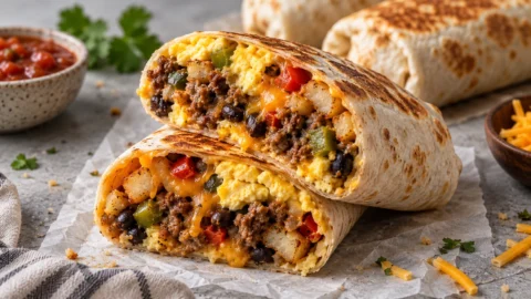 A close-up cross-section of a breakfast burrito showing scrambled eggs, beef sausage, black beans, and melted cheese on a stone countertop.