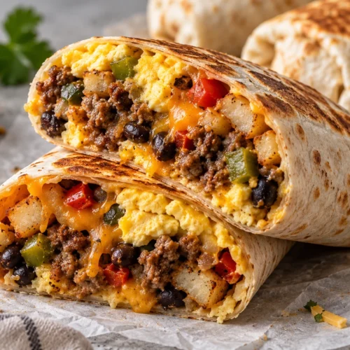 A close-up cross-section of a breakfast burrito showing scrambled eggs, beef sausage, black beans, and melted cheese on a stone countertop.
