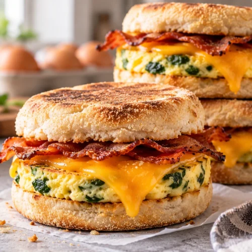 A close-up shot of three stacked breakfast sandwiches made with English muffins, spinach eggs, melted cheddar, and turkey bacon.