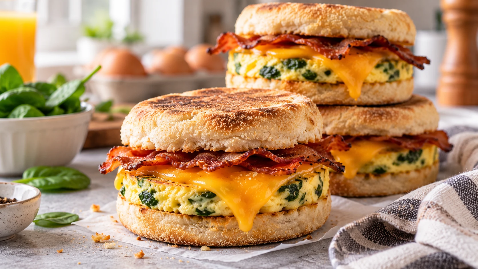 A close-up shot of three stacked breakfast sandwiches made with English muffins, spinach eggs, melted cheddar, and turkey bacon.