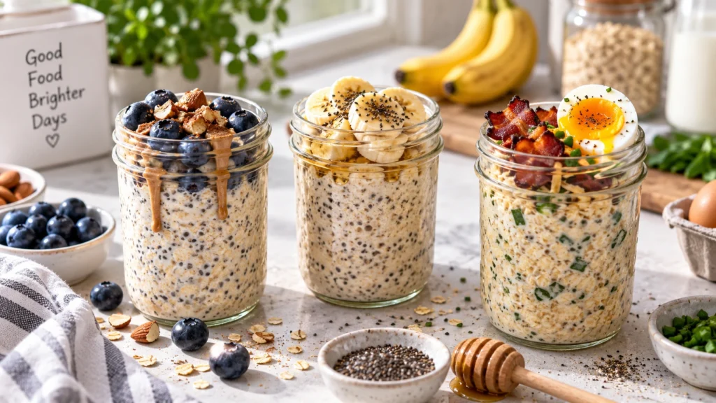 Three glass jars of overnight oats with various toppings including berries, bananas, and savory beef bacon on a stone counter.