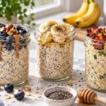 Three glass jars of overnight oats with various toppings including berries, bananas, and savory beef bacon on a stone counter.
