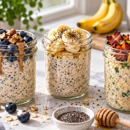 Three glass jars of overnight oats with various toppings including berries, bananas, and savory beef bacon on a stone counter.