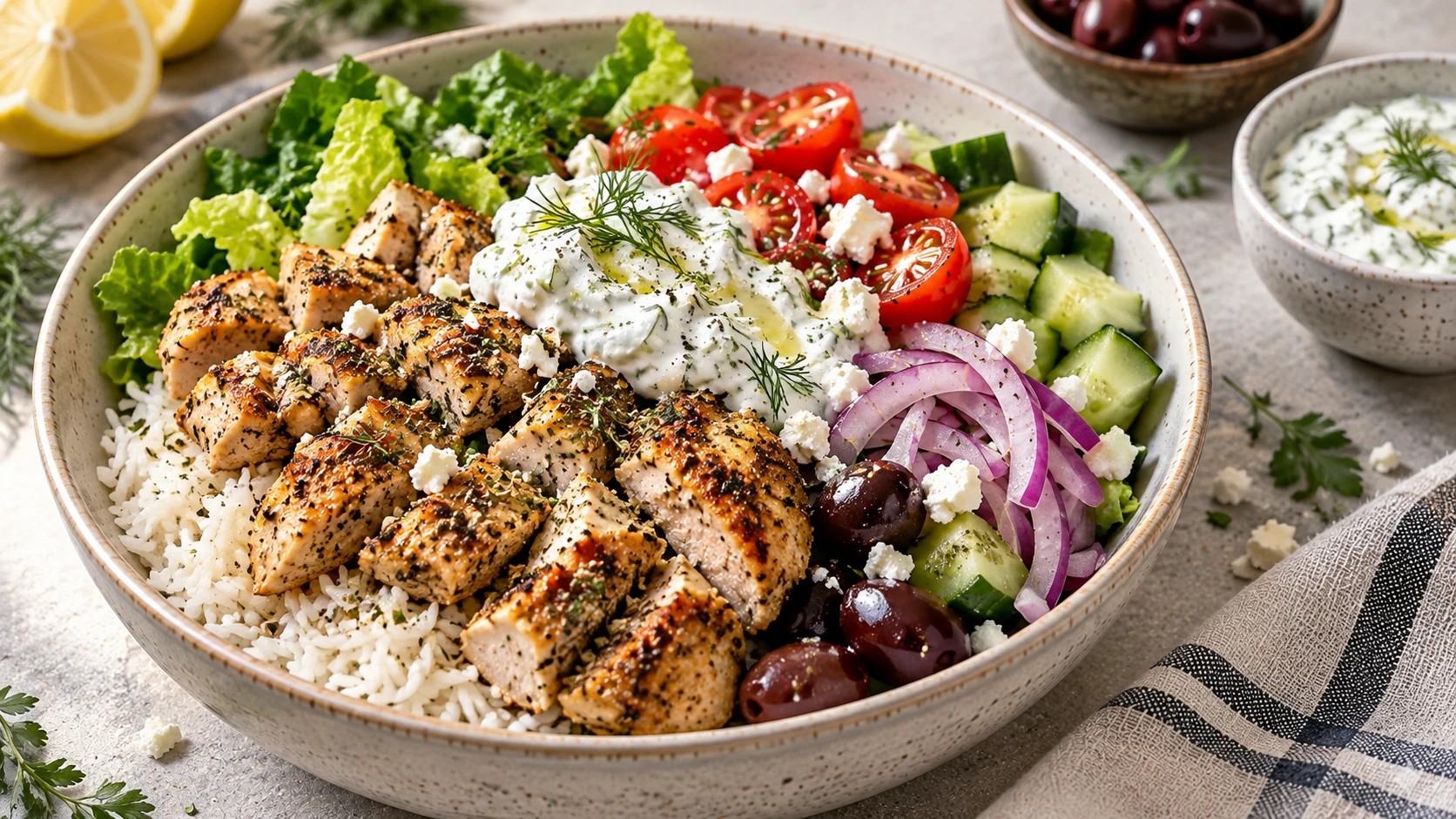 A professionally styled Greek chicken bowl with seared chicken, basmati rice, romaine lettuce, fresh vegetables, feta, and tzatziki sauce on a stone countertop.