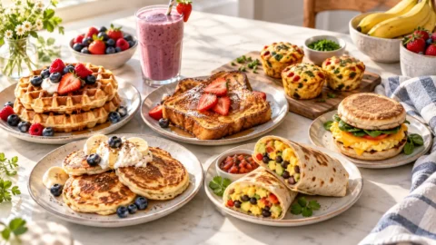 High protein breakfast ideas with waffles, French toast, pancakes, smoothie, muffins, breakfast burrito, and sandwich