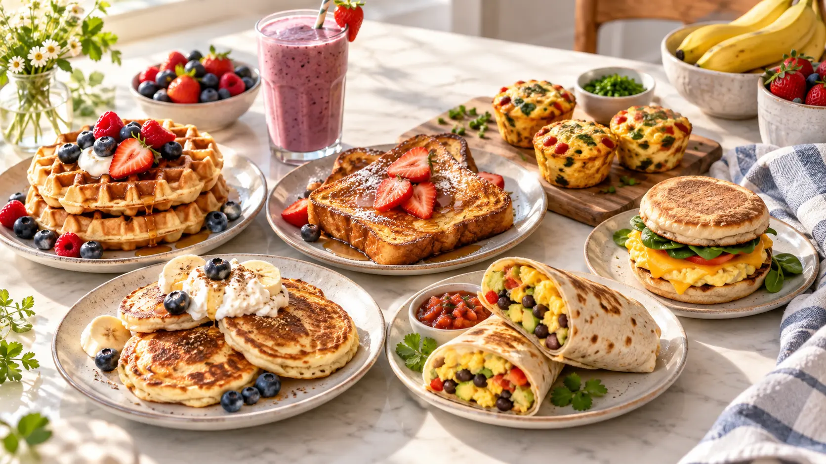 High protein breakfast ideas with waffles, French toast, pancakes, smoothie, muffins, breakfast burrito, and sandwich