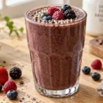 A large glass of high protein breakfast smoothie with frozen berries and hemp seeds