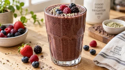 A large glass of high protein breakfast smoothie with frozen berries and hemp seeds