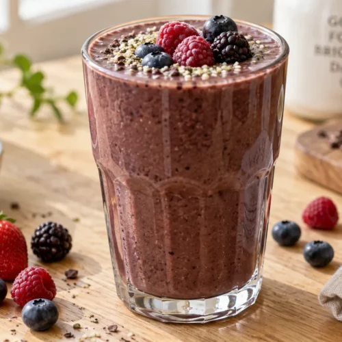 A large glass of high protein breakfast smoothie with frozen berries and hemp seeds