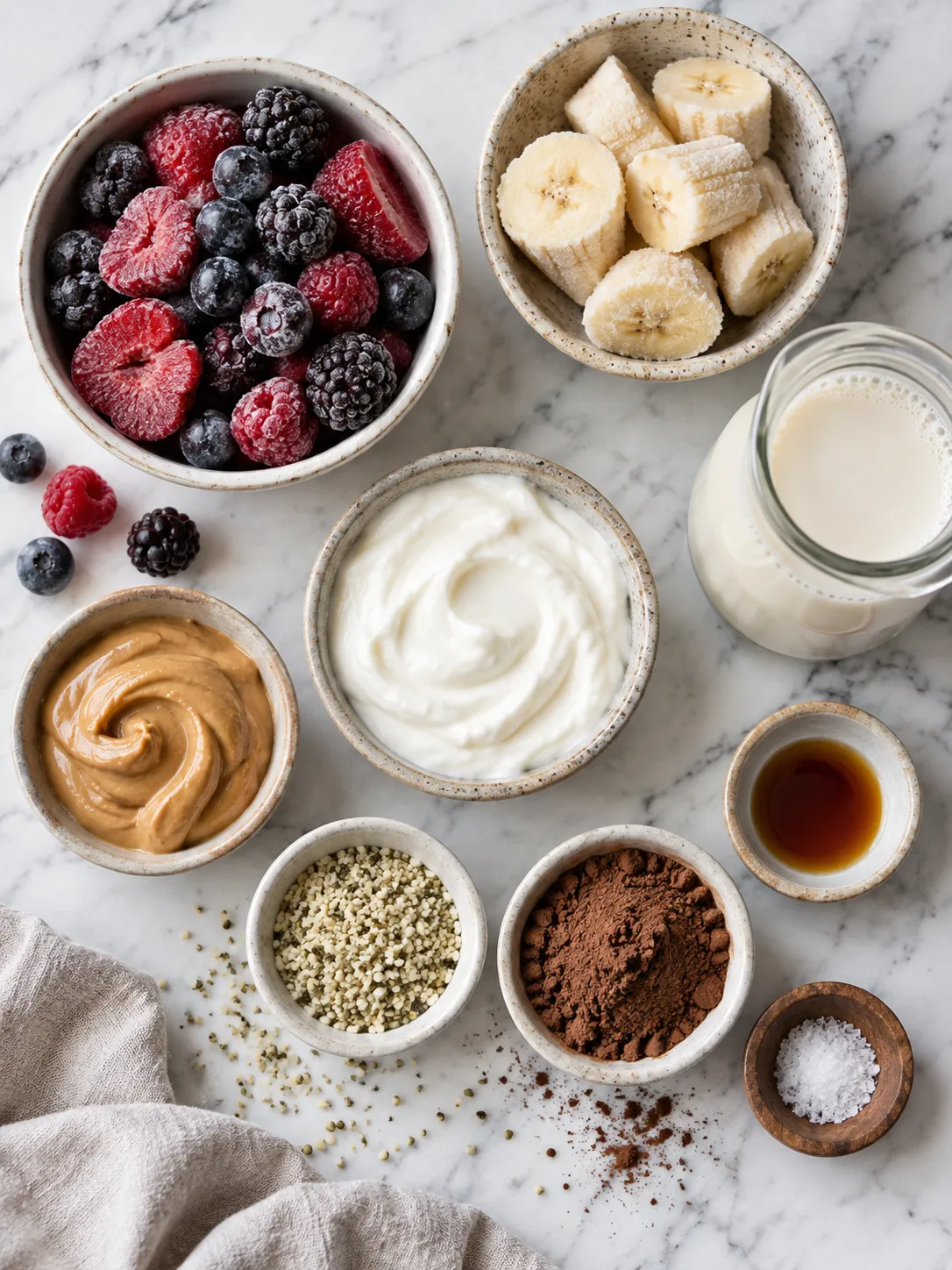 A flat-lay of ingredients for the high protein breakfast smoothie