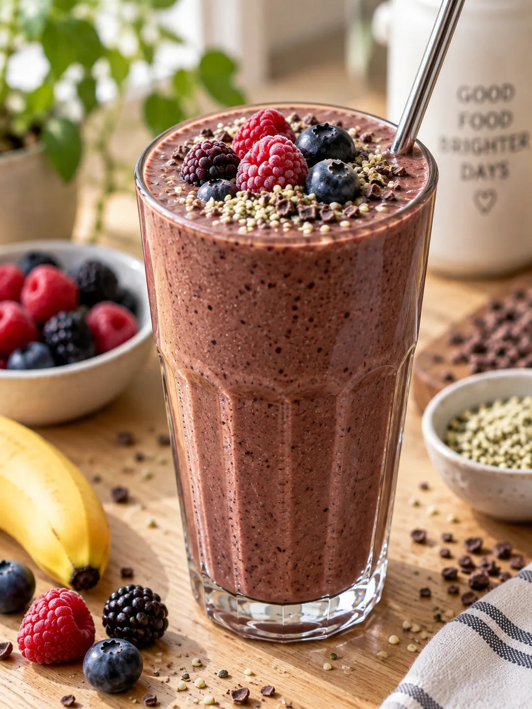 A large glass of high protein breakfast smoothie with frozen berries and hemp seeds