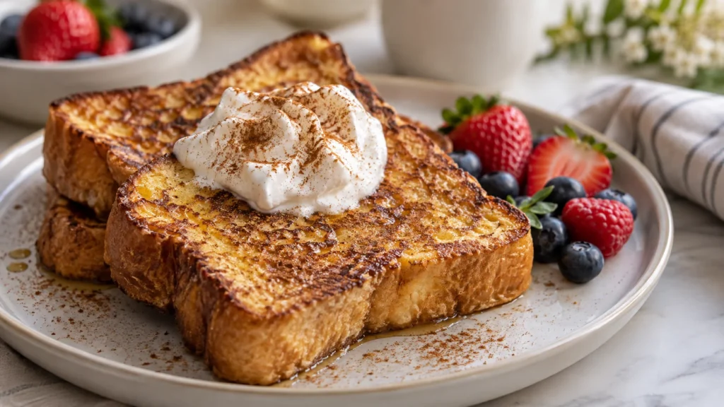 Golden brown French toast with whipped cream, cinnamon, and fresh berries