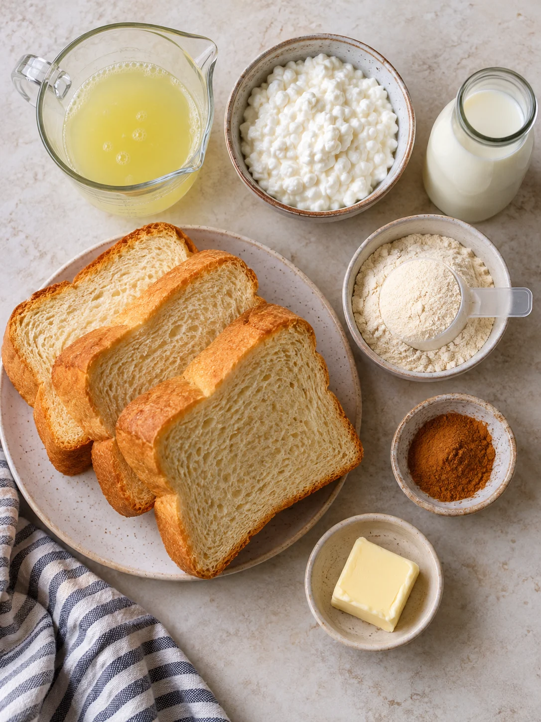 Flat-lay of ingredients for high-protein French toast, including Texas Toast, egg whites, and cottage cheese