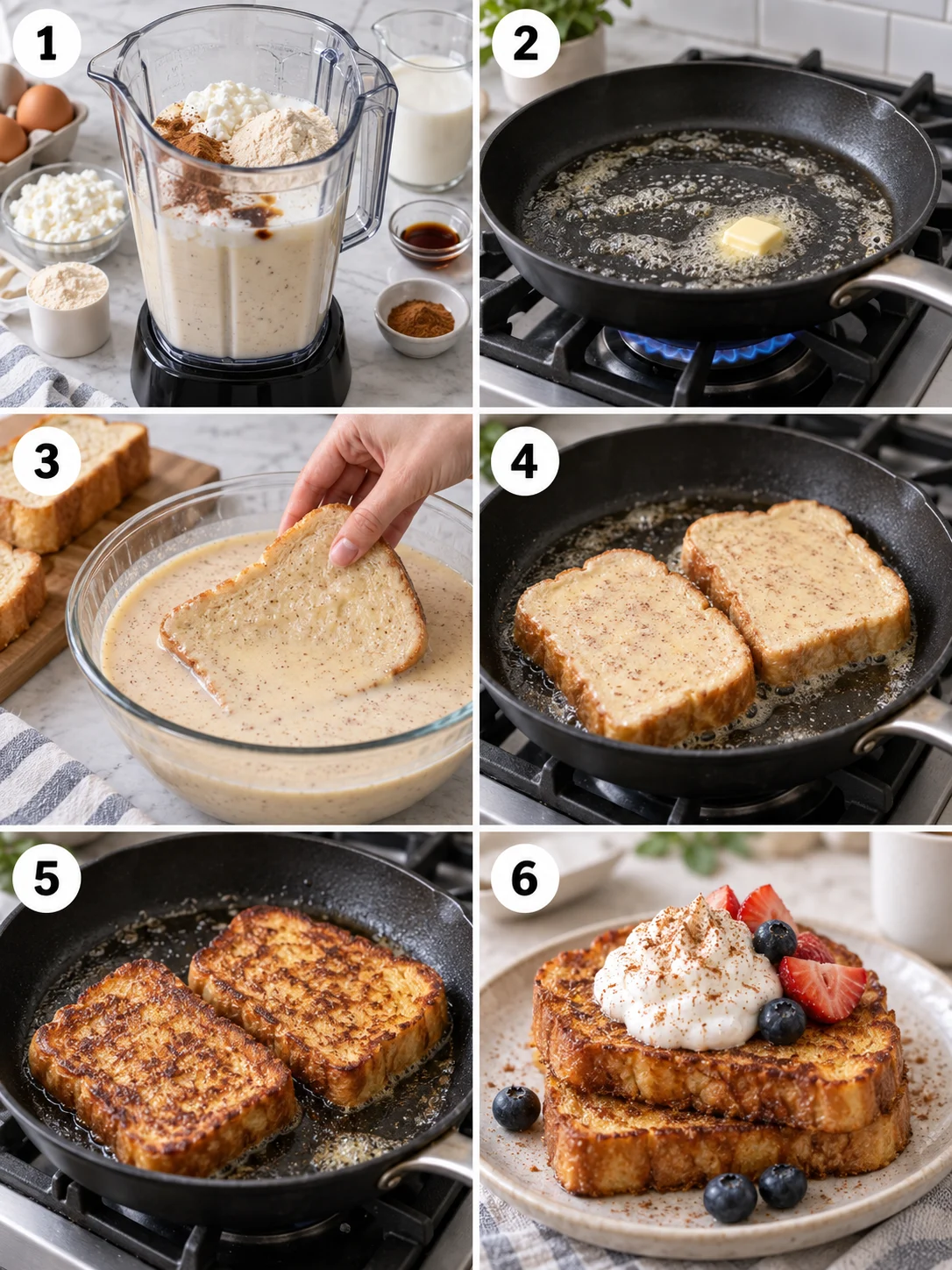 Step-by-step instructions for making high-protein French toast, including blending and cooking