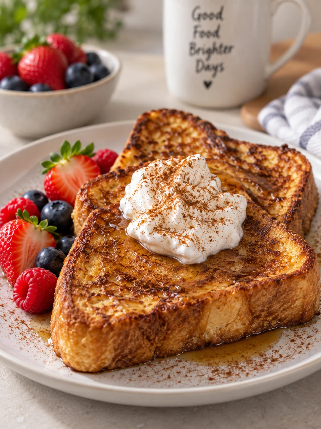 Warm and fresh high-protein French toast with whipped cream, cinnamon, and fresh berries