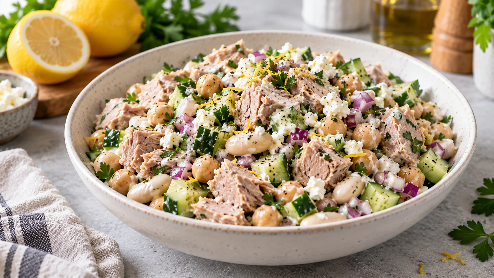A vibrant, high protein tuna salad with chickpeas, cannellini beans, cucumbers, and feta cheese in a white bowl on a stone countertop.