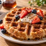 Stack of high protein waffles with fresh berries and sugar-free maple syrup