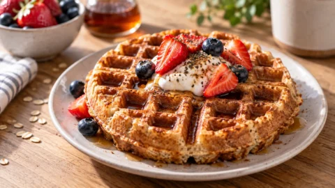 Stack of high protein waffles with fresh berries and sugar-free maple syrup