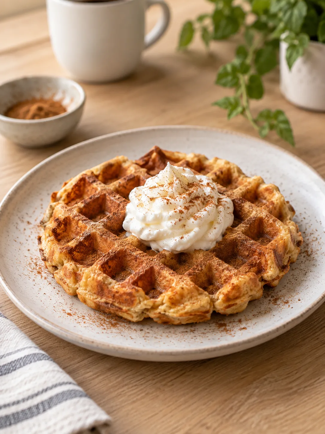 Serving of high protein waffles with fresh berries and sugar-free maple syrup