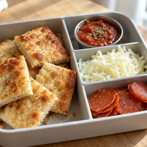 Homemade Pizza Lunchables with turkey pepperoni, mozzarella cheese, and pizza sauce in a bento box
